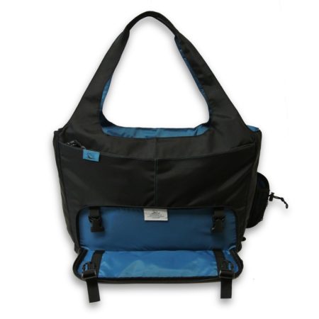 Front view of the HD110 Onyx HotDog Yoga Tote with yoga mat compartment open.