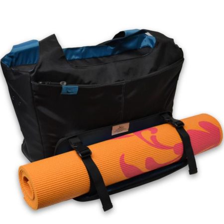 Front angled view of the HD110 Onyx HotDog Yoga Tote with a yoga mat.