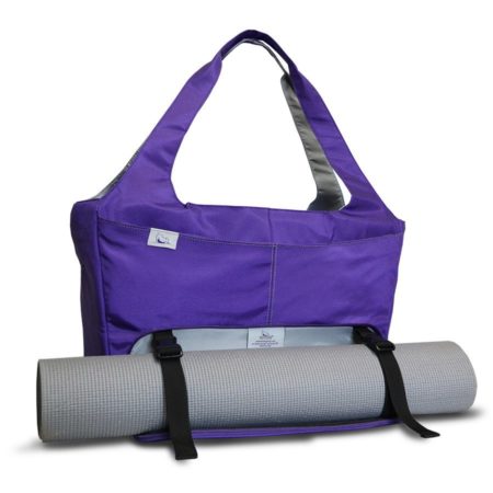 Front angled view of the HD115 Amethyst HotDog Yoga Tote with a yoga mat.