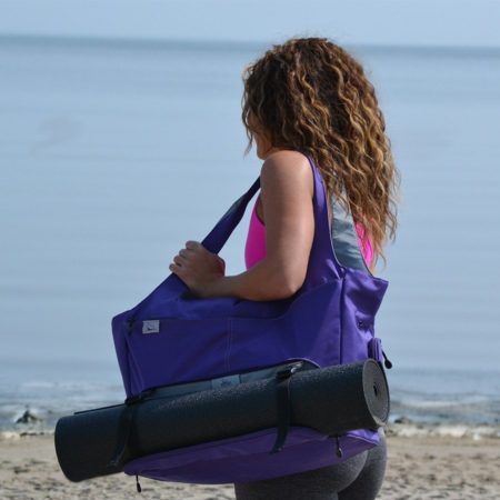 model at the beach with an Amethyst HotDog Yoga Tote. item number HD115