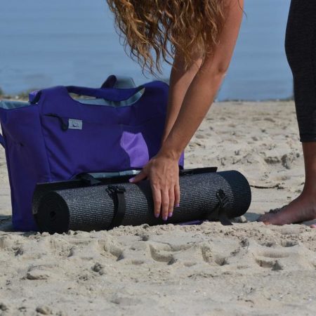 model at the beach with an Amethyst HotDog Yoga Tote. item number HD115