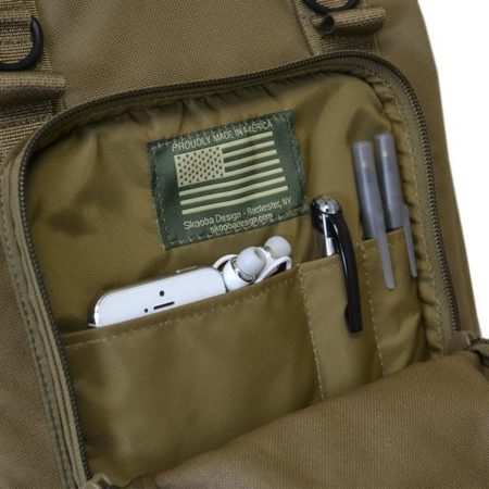 Colse Up view of the front pocket of the Khaki Type S-4 Tablet Courier by Skooba Design.