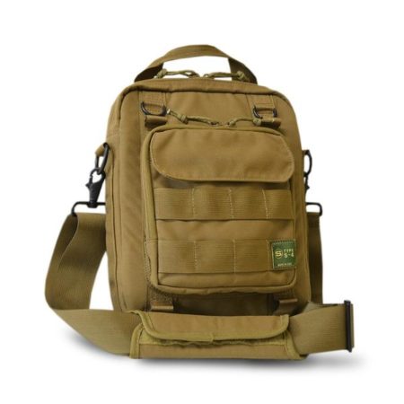 Front view of the Khaki Type S-4 Tablet Courier with the shoulder strap in front by Skooba Design.