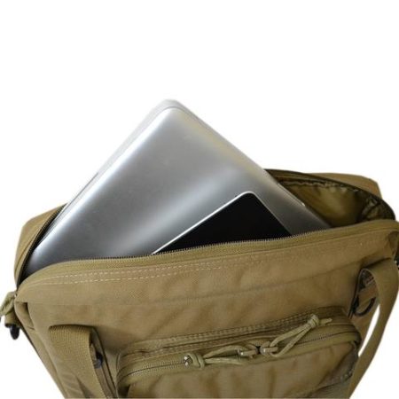 view of the Khaki Type S-4 Laptop Brief by Skooba Design with a laptop and ipad showing.
