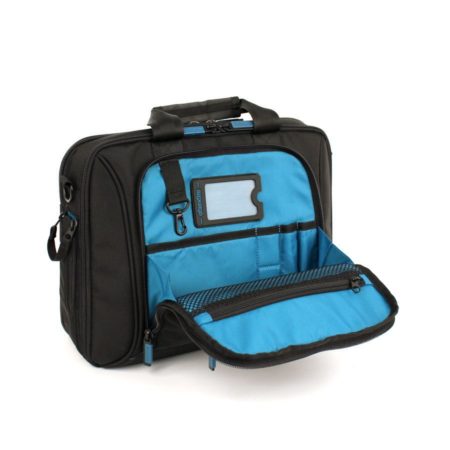 front view of the Satchel V.3 Mini bag with front pocket opened by Skooba Design,
