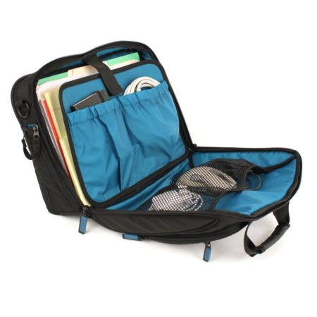 front view of the Satchel V.3 Mini bag with compartment open and being used by Skooba Design