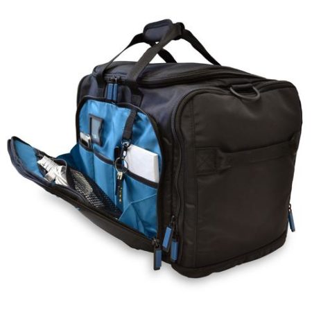 Side view of the V.3 Laptop Weekender with side zipper open to view pockets by Skooba Design.