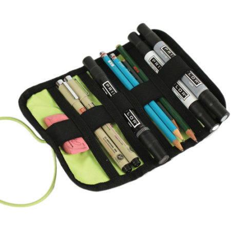 Cable Stable Rollup Kit by Skooba Design, open and filled with pencils and markers.